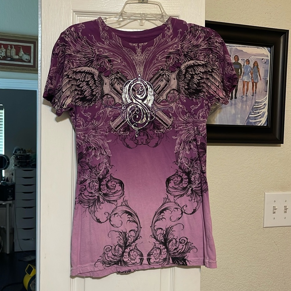 Fitted Sinful shirt with gun & angel wing design